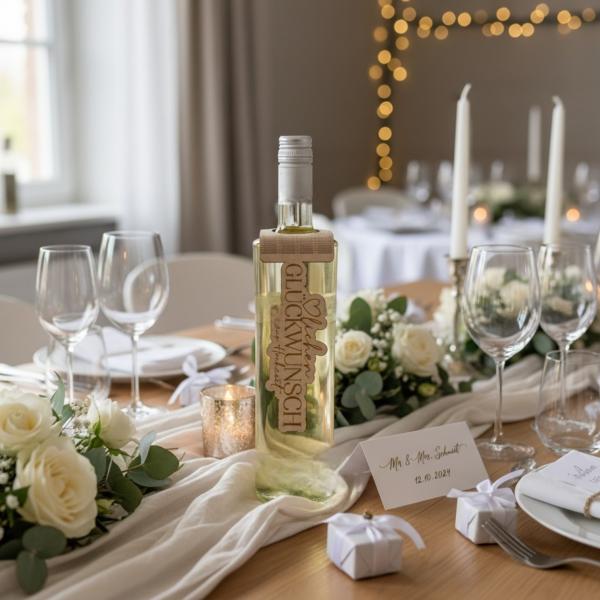 Flaschenanhänger aus Birkenholz mit gelasertem Hochzeitsspruch, dekorativ an einer Weinflasche befestigt.